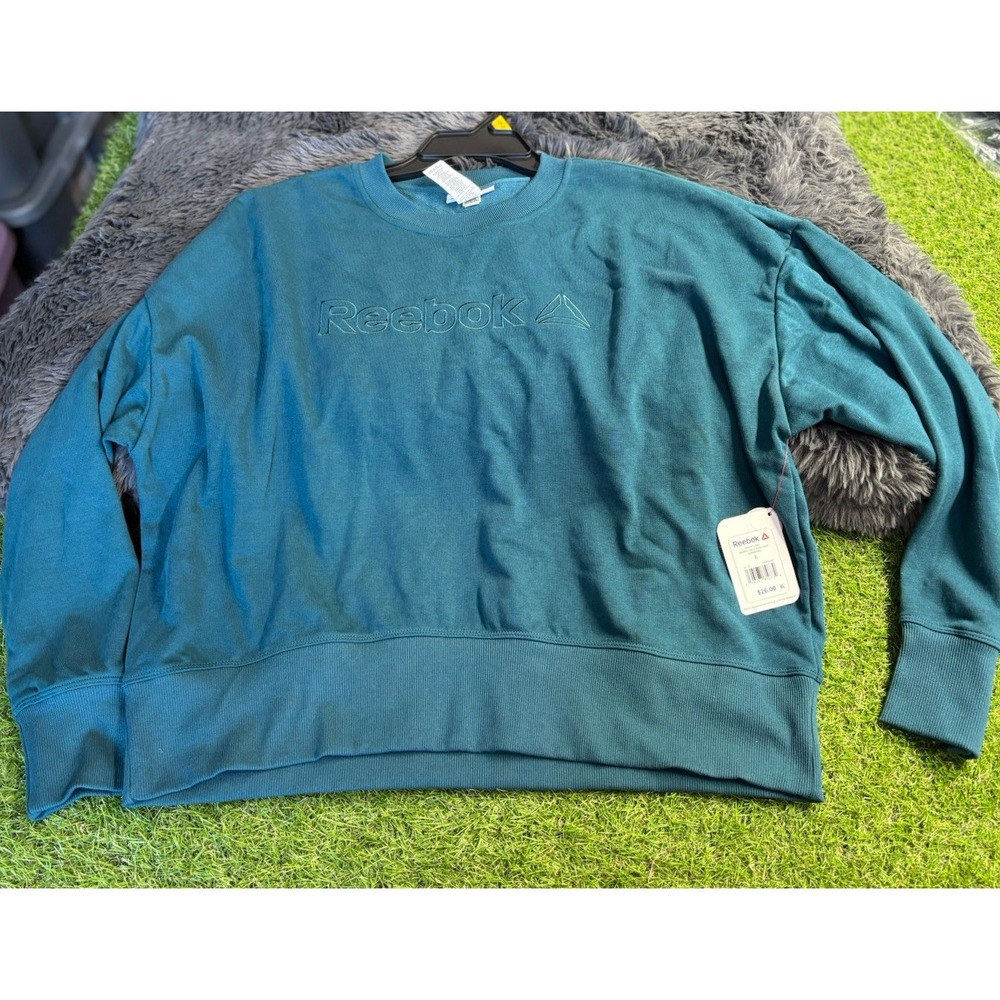 Reebok Sweater Womens L Large Logo Pullover Cropped Crew Sweatshirt Teal New